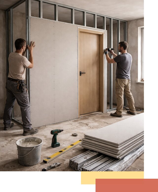 Перегородка из гипсокартона с дверью под ключ в Ахтубинске