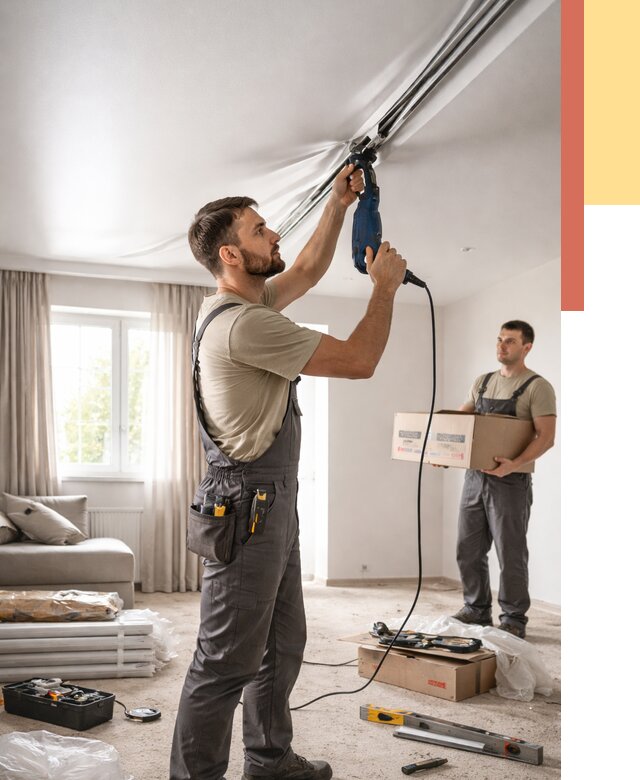 Монтаж сатинового натяжного потолка в Ахтубинске от 3624 руб. | Быстро, недорого — ОТДЕЛОЧНИК-Хтб