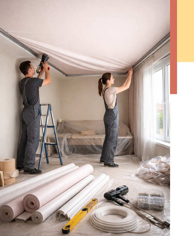 Монтаж цветного натяжного потолка в Ахтубинске от 4349 руб/м² — быстро и недорого | ОТДЕЛОЧНИК-Хтб