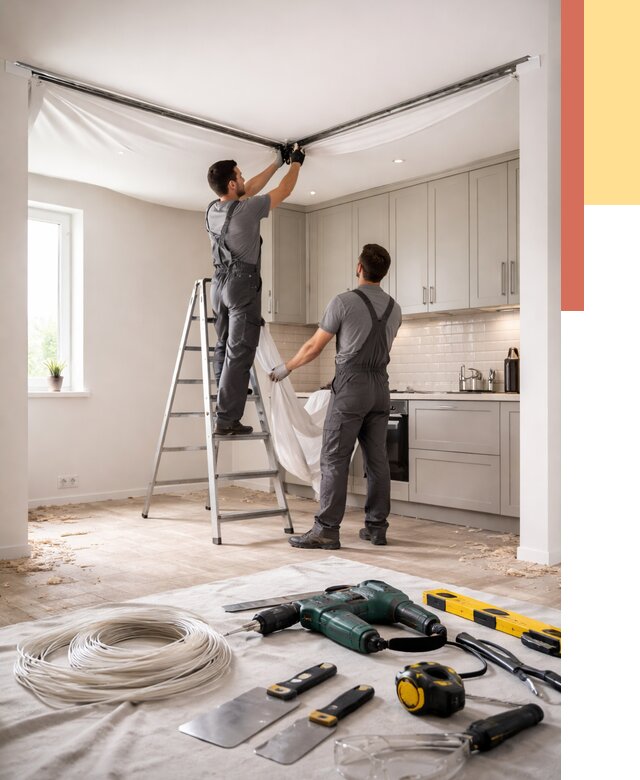 Установка натяжного потолка на кухне в Ахтубинске от 2485 руб. | ОТДЕЛОЧНИК-Хтб