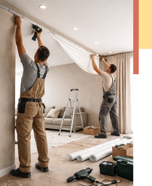 Монтаж натяжного потолка в гостиной в Ахтубинске от 570 руб. | ОТДЕЛОЧНИК-Хтб