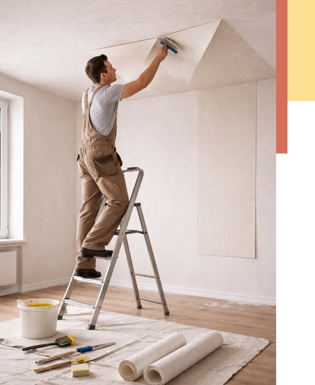 Поклейка обоев на потолок в Ахтубинске от 4660 руб. быстро и недорого | ОТДЕЛОЧНИК-Хтб